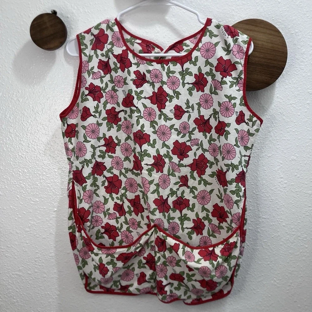 Vintage Pinafore Apron Pink And Red Floral Cotton Pocket Adults OS